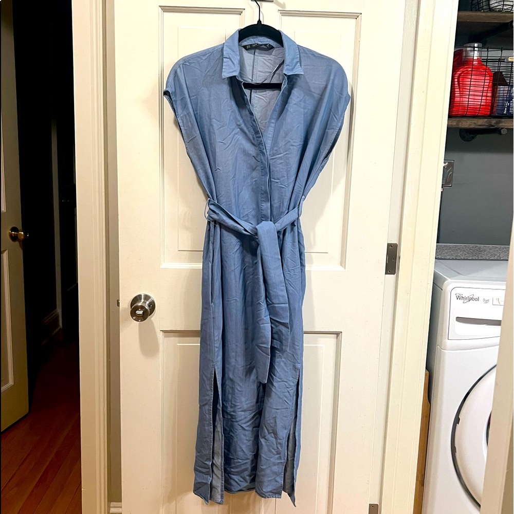 Zara denim midi dress with tie size XS